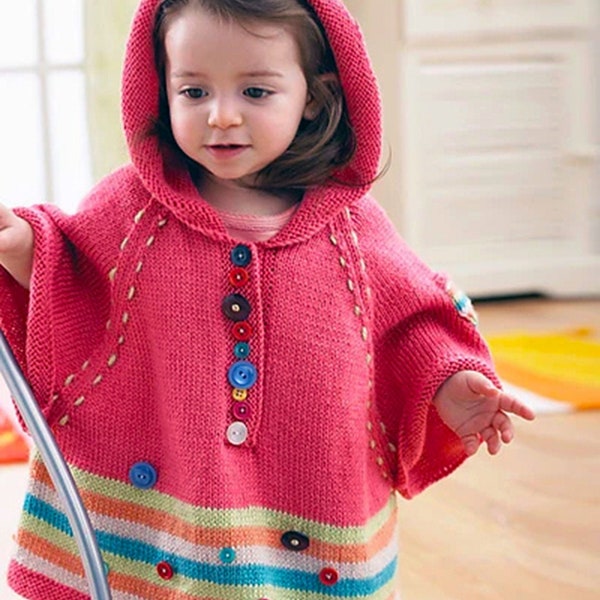 Modèle de tricot de poncho à capuche pour enfant | Pull pour enfants | Bébé à tout-petit | Rayures | Poche de bras | Boutons décoratifs | | Téléchargement PDF