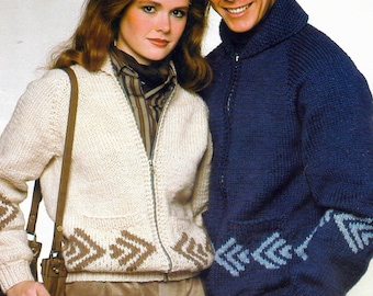 May include: A vintage knitting pattern for a cream and brown sweater with a zipper and a blue sweater with a geometric pattern. The pattern is titled "Io" and "PDF Pattern".