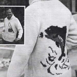 May include: A black and white knitting pattern for a jumper with a fish design on the back. The pattern is called "Io" and is available as a PDF download.