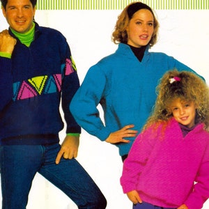 May include: Image of a PDF pattern featuring three people wearing colorful sweaters. The sweaters are blue, turquoise, and pink, with geometric patterns. The text "PDF Pattern" is at the bottom of the image.