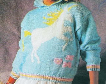 Wzór na sweterek dla dzieci z jednorożcem | Vintage 1987 | Intarsja | Kołnierzyk rozłożony | Teksturowane ściegi hafciarskie | Pobierz plik PDF