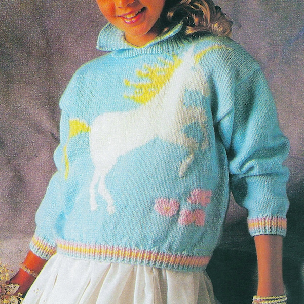 Modèle de tricot de pull licorne pour enfants | millésime 1987 | Coloration en intarsia | Col italien | Points de broderie texturés | Téléchargement PDF