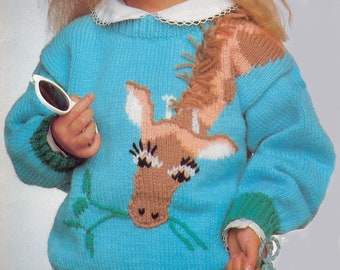 Kids Giraffe Pullover Sweater Knitting Pattern | 1988 Childrens Jumper | Intarsia Colorwork | Textured Embroidery Fringe | PDF Download