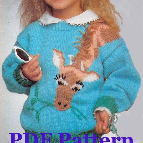 Kids Giraffe Pullover Sweater Knitting Pattern | 1988 Childrens Jumper | Intarsia Colorwork | Textured Embroidery Fringe | PDF Download