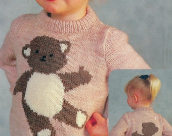 Patrón de tejido de suéter de osito de peluche para niños / Diseño vintage de los años 80 / Intarsia de colores / Cuello redondo / Mangas fijas / Descarga en PDF