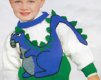 Wzór na sweterek dla dzieci z dinozaurami | Vintage 1987 | Rozmiary dla chłopców i dziewcząt | Sweter z dinozaurem 3D | Intarsja w kolorze | Pobierz plik PDF