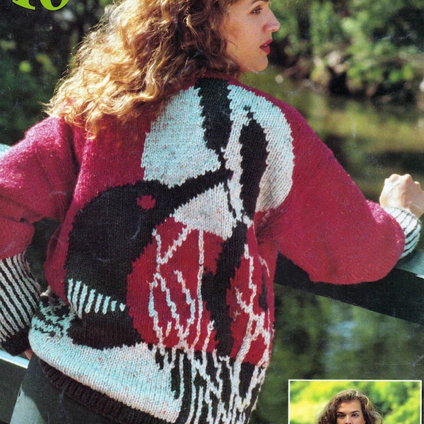 Loon Cardigan Sweater Knitting Pattern | Intarsia Fair Isle Colorwork | Womens Buttoned Jumper | 1993 Vintage Design | PDF Download