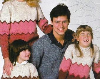 May include: A family of four wearing colorful striped sweaters. The sweaters have a chevron pattern in shades of pink, brown, and white. The image includes the text "IO" and "PDF Pattern".