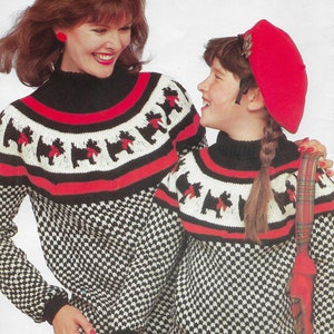 Scotty Dog Sweater Knitting Pattern | Adult and Child Sizes | Checker Fair Isle Colorwork | Scandinavian Yoke | 1987 Design | PDF Download