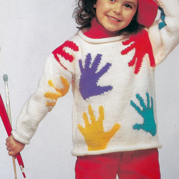 Hands Up Pullover Sweater Knitting Pattern | Child Sizes | Handprints Intarsia Colorwork | Rolled Collar Cuffs | Vintage 1989 | PDF Download