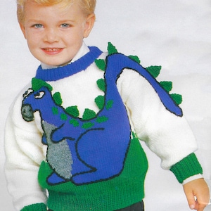 Kids Dinosaur Sweater Knitting Pattern | Vintage 1987 | Child Boys Girls Sizes | 3D Dino Pullover | Intarsia Colorwork | PDF Download