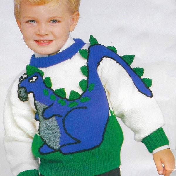 Kids Dinosaur Sweater Knitting Pattern | Vintage 1987 | Child Boys Girls Sizes | 3D Dino Pullover | Intarsia Colorwork | PDF Download