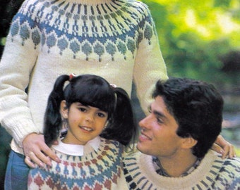 Wzór na sweter Nordic Family | 9 rozmiarów od dziecka do dorosłego | Kolorowa włóczka Fair Isle | 1982 Scandinavian Yoke | Pobierz plik PDF