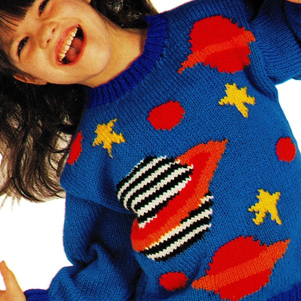 Daily Planet Pullover Sweater Knitting Pattern | Child Sizes 2 to 12 | Stars Outer Space | Intarsia Colorwork | 1990s Design | PDF Download