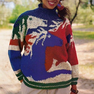 Könnte beinhalten: Ein bunter Strickpullover mit einem geometrischen Muster in Blautönen, Rot, Grün und Weiß. Der Pullover hat einen hohen Kragen und lange Ärmel. Der Text "Io" ist in der oberen linken Ecke des Bildes sichtbar. Der Text "PDF Pattern" ist am unteren Rand des Bildes sichtbar.