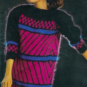 May include: A PDF pattern for a black, pink, and blue striped sweater with a fuzzy texture. The pattern is titled "Io" in green text.