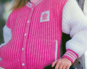 May include: A pink and white knitted cardigan with a maple leaf patch. The cardigan has a button closure and a ribbed texture. The text "PDF Pattern" is printed at the bottom of the image.