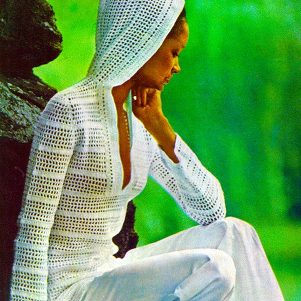 Hooded Pullover Crochet Pattern | Vintage 1975 Summer Coverup | Filet Mesh With Open Air Stripe Bands | Plunging Neckline | PDF Download