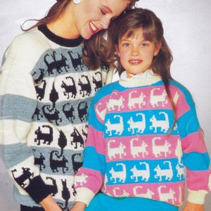 Vintage Cat Motif Sweater Knitting Pattern | Adult and Child Sizes | Fair Isle Stranded Colorwork | Striped | 1988 Design | PDF Download