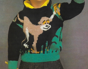 Funky Monkey Sweater Knitting Pattern | Vintage 1988 Kids | Childs Pullover Jumper | Intarsia Colorwork | Textured Embroidery | PDF Download