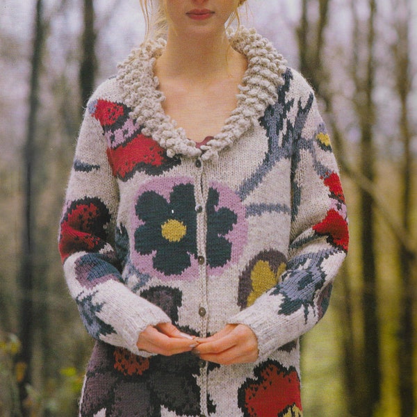 Patron Tricot Veste Flora | 1999 Manteau cardigan à fleurs pour femmes | Intarsia Stranded Colorwork | Col à franges | Boutons | Téléchargement PDF