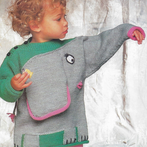Kids Elephant Sweater Knitting Pattern | Vintage 1988 | Childrens Pullover Jumper | Intarsia Colorwork | 3D Textured Knitting | PDF Download