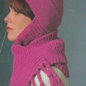 May include: A pink knitted hat and scarf set with a fringe on the scarf. The hat has a pointed top and the scarf is long enough to wrap around the neck. PDF Pattern.
