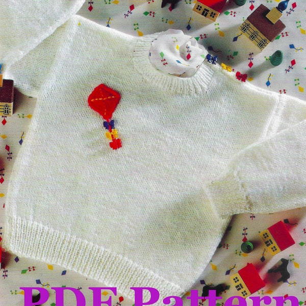 Kite Sweater Knitting Pattern | Toddler & Child Sizes | Shoulder Fastening | Crew Neck | Appliqued Embroidered | Vintage 1993 | PDF Download