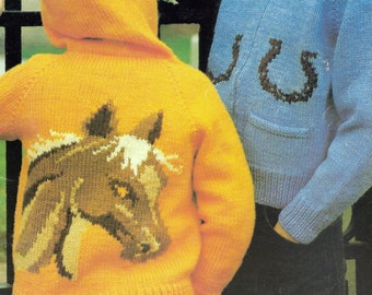 Lucky Horseshoe Hoodie Knitting Pattern | Child Sizes 6 - 12 | Zip-Up Cardigan | Pockets | Intarsia Colorwork | Vintage 1980 | PDF Download