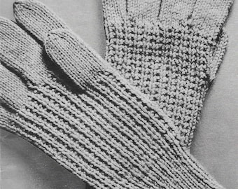 May include: A vintage knitting pattern for a pair of gray gloves. The pattern is titled "PDF Pattern".