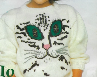 Super Cat Sweater Knitting Pattern | Vintage 1987 | Kids Unisex Pullover | Intarsia Colorwork | PDF Download | Textured Pullover | Crew Neck