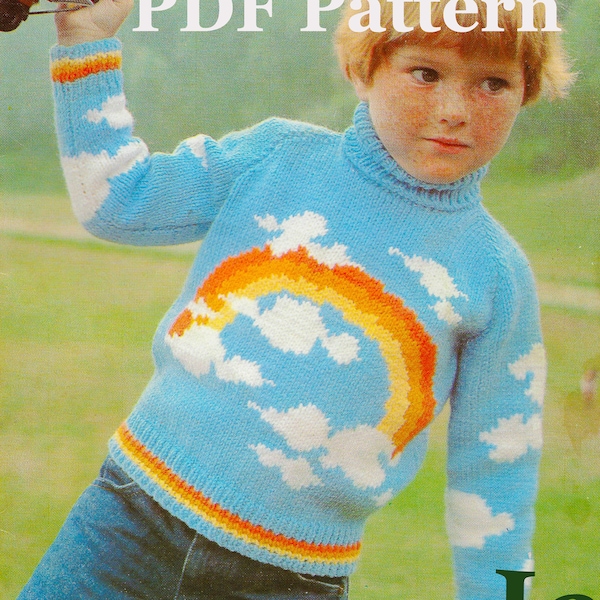 Childs Rainbow Clouds Sweater Knitting Pattern | Vintage 1979 | Girls Boys Pullover Jumper | Turtleneck | Intarsia Colorwork | PDF Download