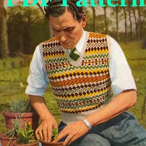 Mens Womens Sweater Vest Knitting Pattern | Fair Isle | Vintage 1947 | Diamonds Motif | Stranded Colorwork | Pullover | PDF Download