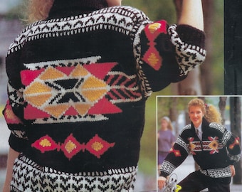 Wzór na kurtkę w stylu południowo-zachodnim | Damski wzór vintage z 1988 roku | Motyw geometryczny | Kolorowanka Intasia Fair Isle | Zamek błyskawiczny | Pobierz plik PDF