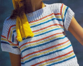 Gestreept katoenen T-shirt breipatroon | Vintage ontwerp uit 1980 | Gestreept kleurwerk | Boothalskraag | Korte mouw | Volwassen maten | Pdf-download