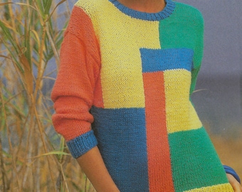 Breipatroon katoenen trui kleurblok | Vintage geometrisch ontwerp uit 1980 | Intarsia-kleurwerk | Ronde hals | Volwassen maten | Pdf-download