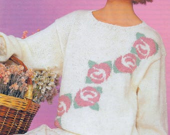 Wzór na sweter „Oddech wiosny” | Wzór vintage z 1986 roku | Intarsja | Kwiaty róż | Rozmiary dla dorosłych | Pobierz plik PDF