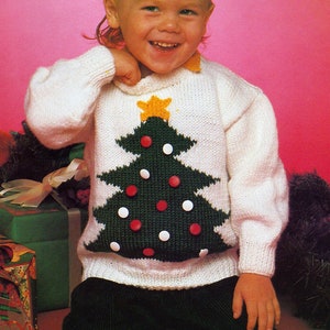 Childs Christmas Tree Sweater Knitting Pattern | Holiday Pullover Jumper | Vintage 1989 Design | Intarsia Colorwork | Buttons | PDF Download