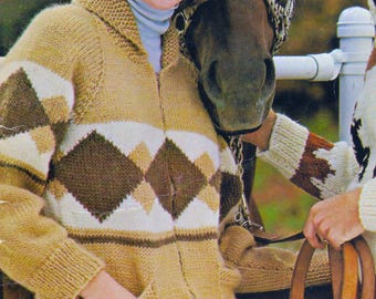Wzór na sweter Diamond Cowichan | Wzór w kolorowe wzory w stylu vintage | Zamek błyskawiczny | Kieszenie | Kurtka męska i damska | Rozmiary dla dorosłych | Pobierz plik PDF