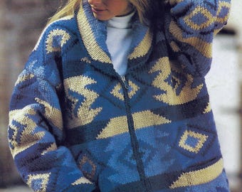 May include: A blue and beige knitted cardigan with a geometric pattern and a zipper closure. The cardigan has a collar and pockets.