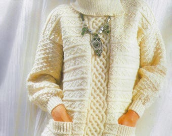 Wzór na sweter Aran Elegance Pullover | Wzór damski Vintage 1986 | Kieszenie | Kołnierz z rozcięciem na ramionach | Pobierz plik PDF