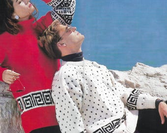 Wzór na sweter Corfu | Wzór vintage z 1988 roku | Kolorowy haft Fair Isle | Rozmiary dla dorosłych | Opadające ramiona | Pobierz plik PDF