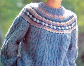 Wzór na sweter z warkoczami Fair Isle | Wzór damski vintage z lat 90. | Karczek skandynawski | Haft wielokolorowy | Warkocze | Pobierz plik PDF