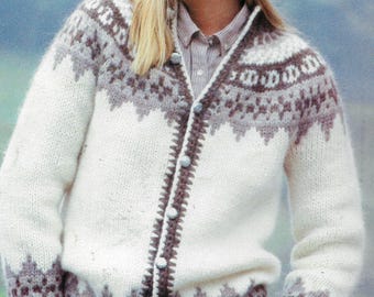 Wzór na islandzki kardigan | Wzór Lopi Vintage z 1982 roku | Kolorowy haft Fair Isle | Karczek skandynawski | Pobierz plik PDF