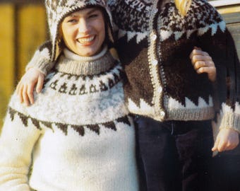 Wzór na sweter Icleandic | Wzór Lopi z 1982 roku | Sweter dla dorosłych | Kardigan dziecięcy | Czapka z nausznikami | Fair Isle | Pobierz plik PDF