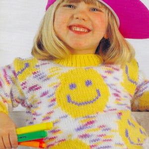 Kids Smiley Face Sweater Knitting Pattern | Happy Emoji Pullover Jumper | Intarsia Colorwork | Embroidery | Vintage 1991 | PDF Download