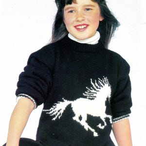May include: A black knitted jumper with a white horse design. The jumper has a crew neck and long sleeves.