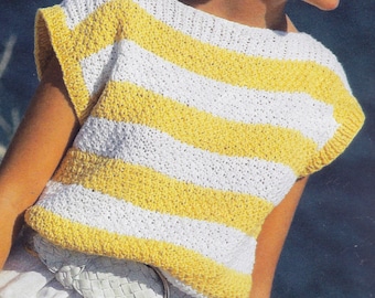 Wzór na bawełnianą koszulkę w paski z mchu | Wzór vintage z lat 80. | Teksturowane wzory kolorowe | Krótki rękaw | Dekolt w łódkę | Rozmiary dla dorosłych | Pobierz plik PDF