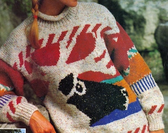 Wzór na sweter z motywem karibu | Intarsjowany renifer z Fair Isle | Sweter dla dorosłych z 1993 r. z opadającymi rękawami | Czapka z nausznikami | Pobierz plik PDF