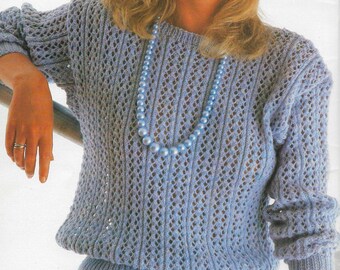 Wzór na sweter Resplendence Pullover | Wzór vintage z 1986 roku | Teksturowany | Koronka | Okrągły dekolt | Rozmiary dla dorosłych | Pobierz plik PDF